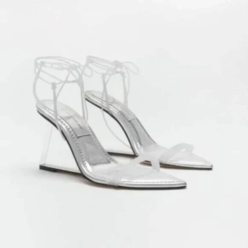 NEW Good American Cinderella Clear Wedge Sandal Women’s Silver Mirror Size 5